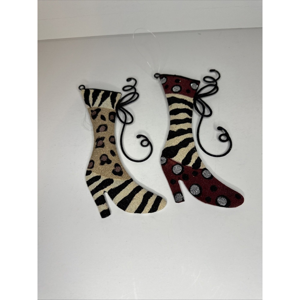 Pier 1 Metal Boot Ornaments Set 2 Animal Print Zebra Leopard Christmas